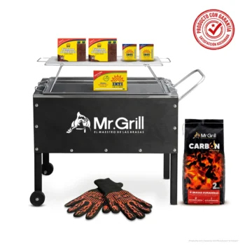 Caja China Mediana Premium - Inoxidable | Parrilla de Varillas + Pack Inti + Guante de Fuego + Carbón 2 Kg.